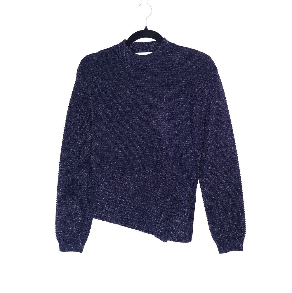 MICHELLE MASON Metallic Twist Ribbed Sweater Navy Asymmetric Hem Women's P/US 2
